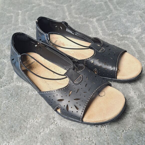 Earth Origins Ingrid Black Flats WOMENS SIZE 6.5M floral cutout open toe comfort - Picture 1 of 9